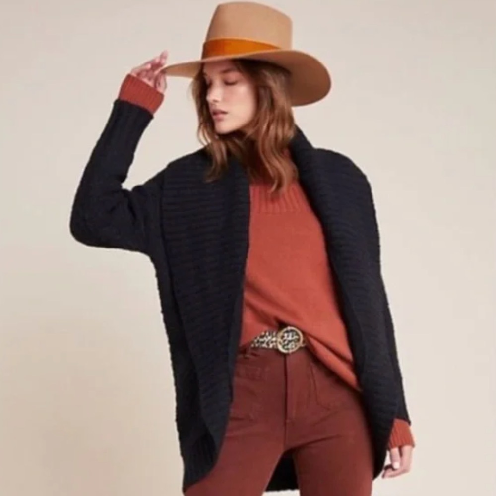 Anthropologie Denise Textured Cardigan Open Front Black Cocoon Sweater